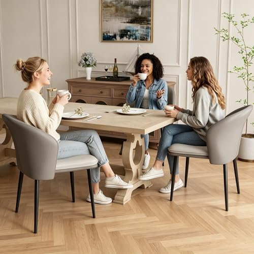 Modern Dining Chairs Set of 4, Faux Leather Upholstered Accent Chair with Metal Legs, Kitchen Side Chair with Comfortable Seat for Dining Room, Living Room, Bedroom, Light Grey