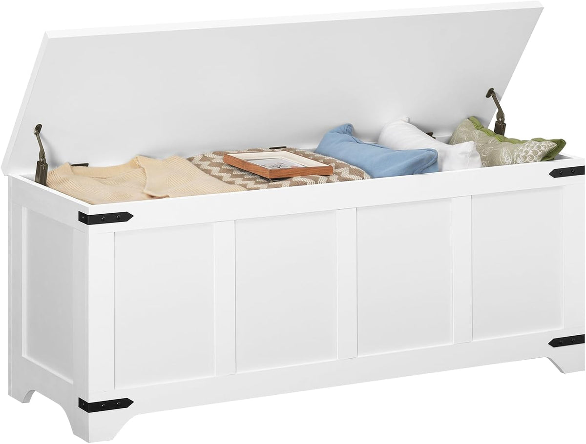 MAHANCRIS 47.2" Storage Chest Extra Large, Wooden Storage Bench with 2 Safety Hinges, Entryway Shoe Bench, 47.2x15.7x19.7 Inch, Easy Assembly, Storage Trunk for Living Room, Bedroom, White SCBW4901