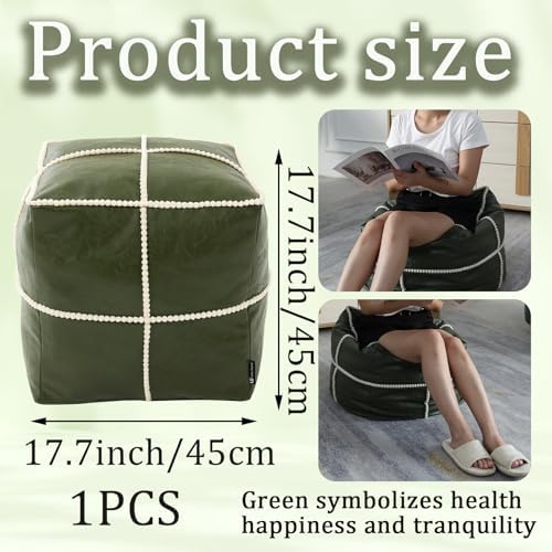 Louis Donné 18 Inch Square Unstuffed Pouf Ottoman Cover, Waterproof Faux Leather Moroccan Boho Footstool, Easy Clean Green Storage Foot Rest Decor for Living Room (Cover Only, No Filler)