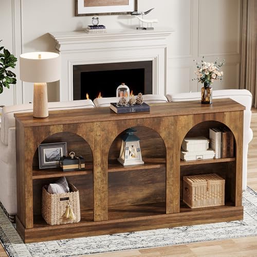 Tribesigns Arched Console Table, 63" Wooden Entryway Table with Storage | Farmhouse Long 3-Tier Sofa Table Behind The Couch for Entrance, Hallway, Living Room, Foyer, Brown