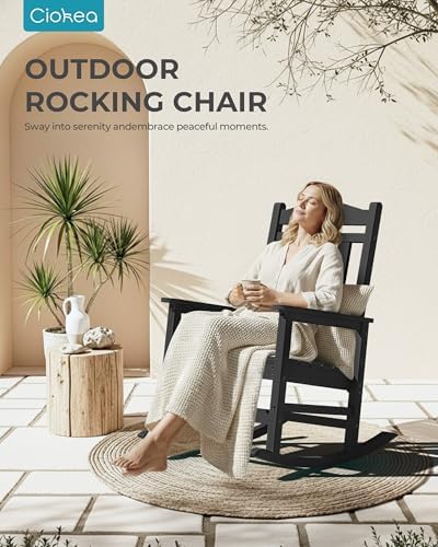 Ciokea Oversized Outdoor Rocking Chair, 380lbs Heavy-Duty Large Patio Rocker, Weather Resistant & Anti-Fade Porch Chair, High Back Cozy Rocking Chair for Outside, Fire Pit, Deck, Garden, Black