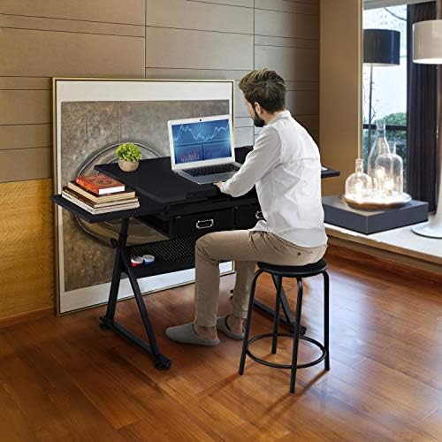 Yaheetech Adjustable Drafting Table Art Desk,Storage Drawers & Stool,Black | MDF tabletop tilts 0-60° on a metal frame for drawing, crafts, and homework, with two supply drawers and a matching stool.