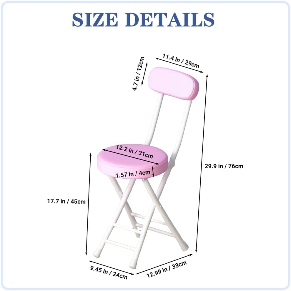 Folding Stool with Back, Padded Leather Round Foldable Stool, Foldable Bar Chairs, Round Portable Collapsible Stool for Gardening Kitchen Camping Cafe Indoor Outdoor,Pink