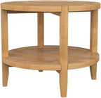 Pemberly Row Round Solid Wood End Table, 23.5 in Wide, Maple Brown Finish, Asian Hardwood Construction, Lower Shelf, Modern Farmhouse Style for Living Room or Bedroom Decor
