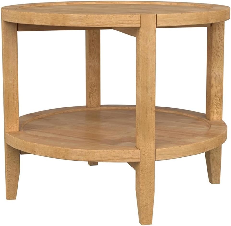 Pemberly Row Round Solid Wood End Table, 23.5 in Wide, Maple Brown Finish, Asian Hardwood Construction, Lower Shelf, Modern Farmhouse Style for Living Room or Bedroom Decor