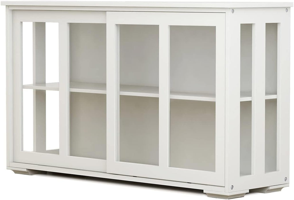 White Sideboard Buffet Cabinet with Sliding Glass Doors, Storage Credenza with Adjustable Shelves, Kitchen Pantry Cupboard Console Cabinet for Dining Room Living Room Entryway