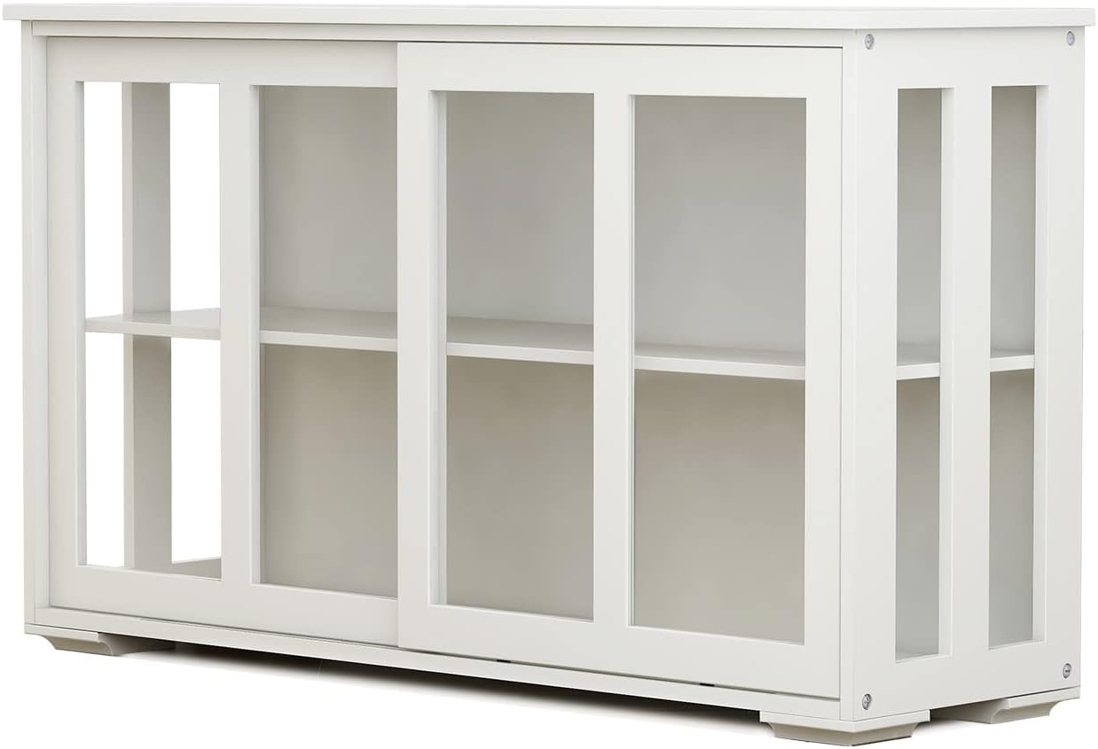 White Sideboard Buffet Cabinet with Sliding Glass Doors, Storage Credenza with Adjustable Shelves, Kitchen Pantry Cupboard Console Cabinet for Dining Room Living Room Entryway