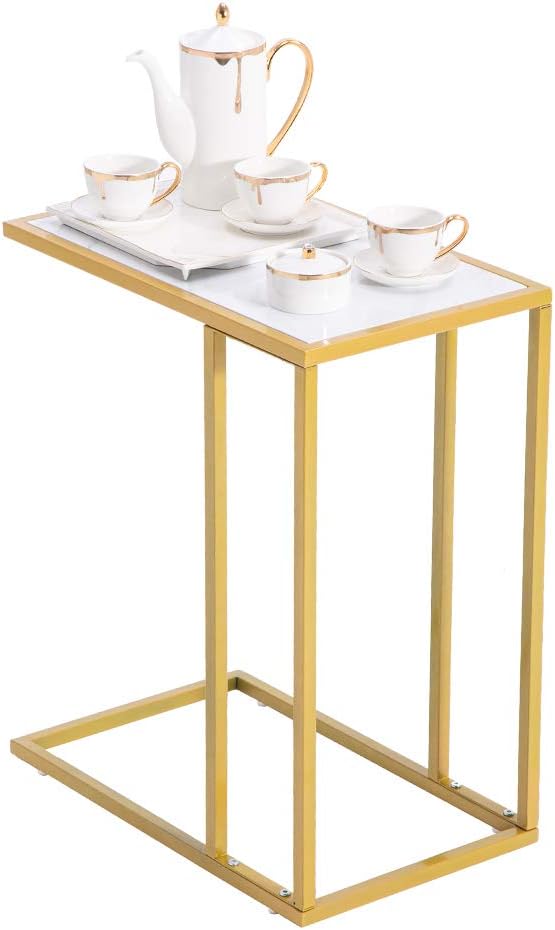 Marble Simple C-Side Table, C-Shaped Side Table for Couch - Small Coffee Stand Sofa Tray Desk with Metal Frame, Modern End Accent for Living Room, Bedroom, Small Spaces,Golden
