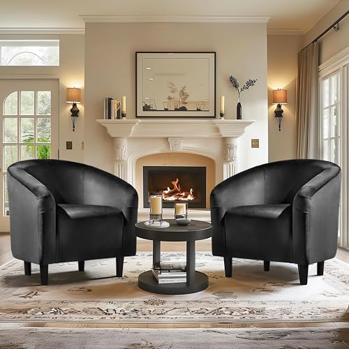 Yaheetech Compact Velvet Accent Chairs Set of 2 for Small Spaces, Black | Compact Cozy Barrel Chairs with a Curved Silhouette, Upholstered Furry Armchair for Small Spaces, Living Room Bedroom Corner