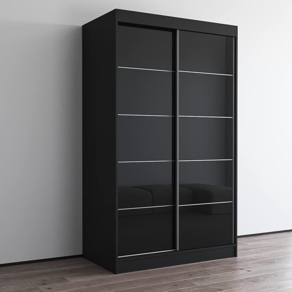 Meble Furniture Aria 2D Wardrobe with Mirror Doors — Spacious Storage with Shelves and Hanging Space — Modern Bedroom Closet — Black, 80" H x 47/59" W x 26" D