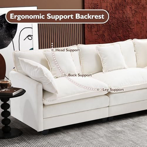 Ihanherry 111.4" L Shaped Modern Sofa Modular Sectional Cloud Couch with Ottoman, 4-Seat Chenille Deep Seat Sofa with Pillow for Living Room, Bedroom and Apartment, Beige