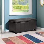 SIMPLIHOME Dover 36" Wide Vegan Leather Storage Ottoman in Tanners Brown | Contemporary ottoman with lift-top and safety hinges; upholstered rectangle storage bench for living room and entryway.