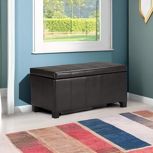 SIMPLIHOME Dover 36" Wide Vegan Leather Storage Ottoman in Tanners Brown | Contemporary ottoman with lift-top and safety hinges; upholstered rectangle storage bench for living room and entryway.