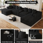ONEMMLION 143" Oversized Cloud Sectional Couch for Living Room, Black | Corduroy, Fluffy Big U-Shaped Modular Sofas, Memory Foam, 19" Comfort-Height Seating, Cup Holder, USB Port, Storage Console