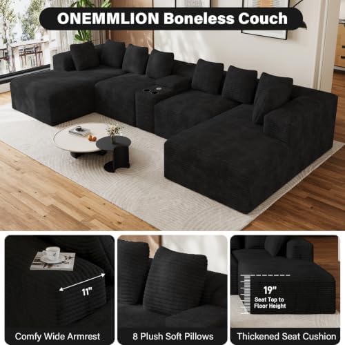 ONEMMLION 143" Oversized Cloud Sectional Couch for Living Room, Black | Corduroy, Fluffy Big U-Shaped Modular Sofas, Memory Foam, 19" Comfort-Height Seating, Cup Holder, USB Port, Storage Console