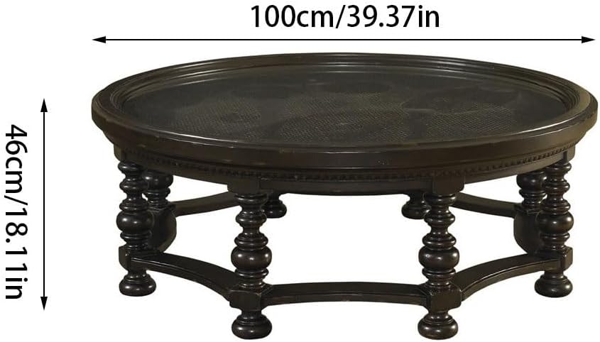 Coffee Table Solid Wood Round Coffee Table Black Retro Coffee Table Home Sofa Side Table Glass Double Layer Low Table Mesa para Centro De Sala