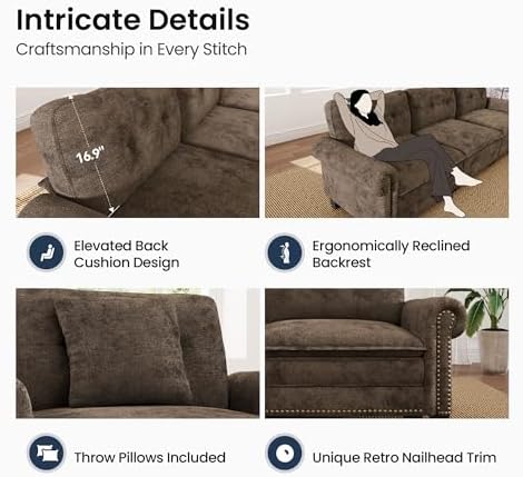 PHI VILLA 150" Oversized Modular Sectional Couch U Shaped for Living Room | Mid-Century Modern 6-Seater Cloud Sofa, Grayish Brown, Rolled Arms & Nailhead Trim, Wider & Deeper Seats, Ottoman, Chenille