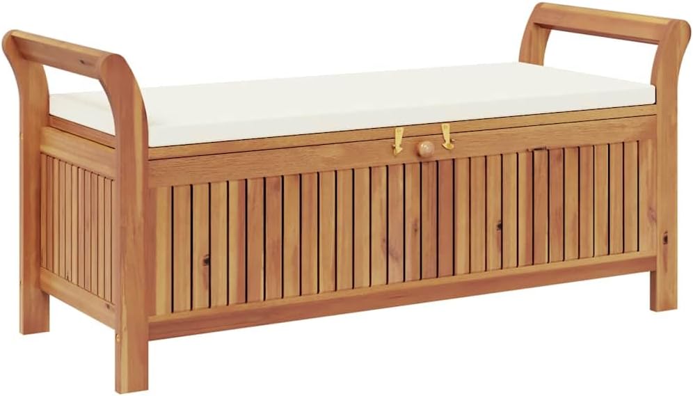 Solid Acacia Wood Patio Storage Bench 49.6 Inch | With Cushion, Curved Arms, Ample Storage for Pillows and Blankets, Assembly Manual Included