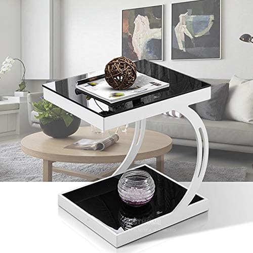 Telephone Table, Sofa Side Table,Coffee Table,Corner Table,Bedroom Bedside Table,Storage Shelf,Telephone Table,Tempered Glass Table Top(Color:Black+White)