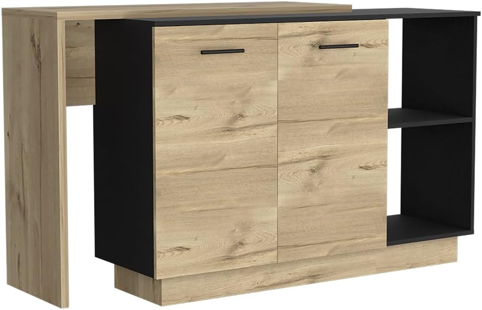 Kitchen Island with Double Doors and Three Shelves in Black | Includes two external shelves and three interior shelves for storage