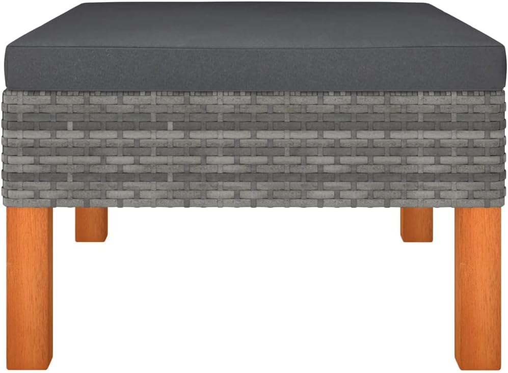 vidaXL Outdoor Footstool - Gray Poly Rattan and Solid Eucalyptus - Steel Frame with Removable and Washable Cushion Cover
