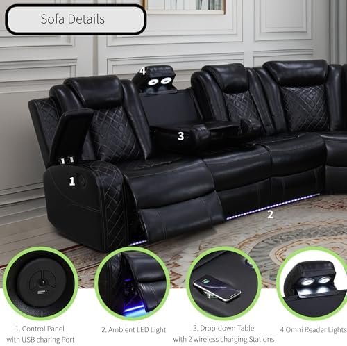 Power Recliner Sofa Sectional Sofa with LED Light for Living Room, Air Leather Reclining Corner Sectional Sofa Set, Cup Holder, Storage Console for Home Theater Seating (Black, Sectional+Chair)