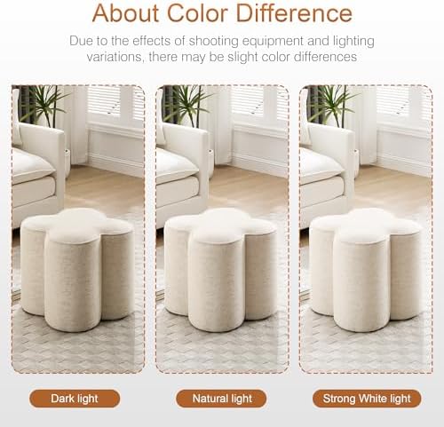 Zesthouse Flower Pouf Ottomans Foot Rest Set of 2, Linen Poofy Ottomans | Large Ottoman Footstool for Couch, Modern Living Room Stool Seat, Cute Square Vanity Stool for Bedroom, Beige Dorm Foot Stool
