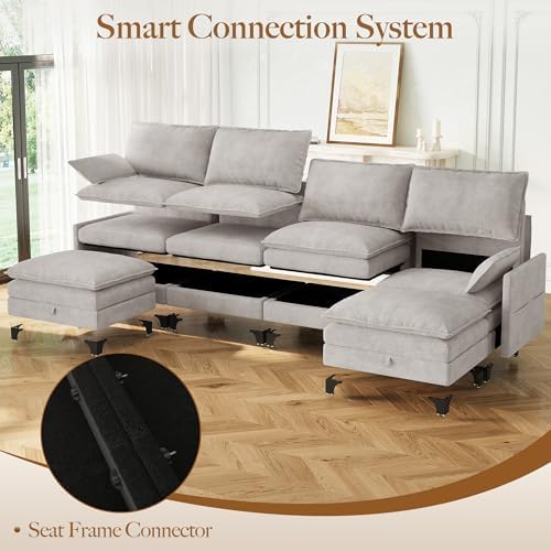140" U-Shaped Modern Modular Sectional Couch, Chenille Cloud Couches with Storage Ottoman, Deep Seat Sofa with Side Pocket for Living Room, Bedroom and Apartment, Light Grey