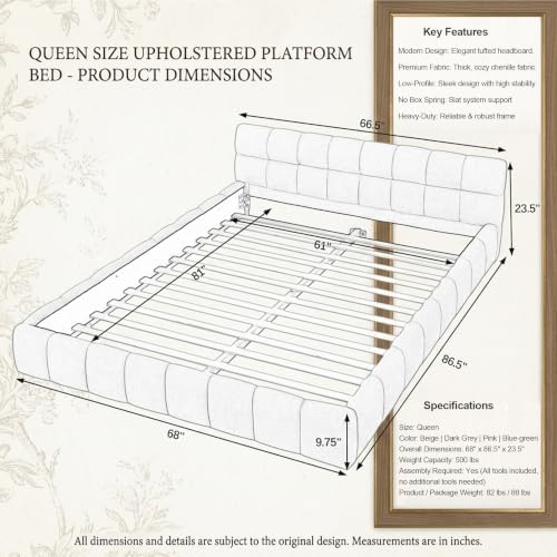 Upholstered Platform Bed Frame, Low Profile Chenille Bed with Headboard, Modern Solid Frame, No Box Spring Needed, Easy Assembly (Dark Grey, Queen (U.S. Standard))