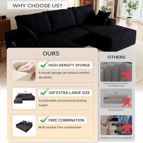 108" U-Shape Modular Sectional Cloud Couch with Ottoman, Deep Seat Couch with Oversized Chaise Lounge, Comfy Flannel Fabric Sofa for Living Room Bedroom Apartment Game Room Basement