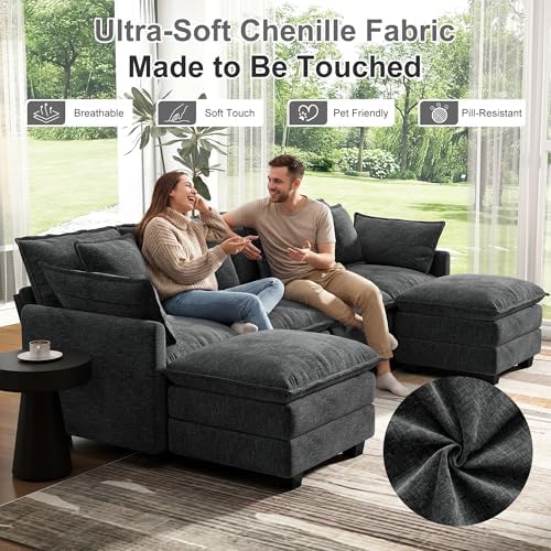 107" Cloud Couch Sectional Modular Sofa, Deep Seat Couches with Ottoman and Removable Washable Pillows for Living Room, Bedroom, Apartment, Black