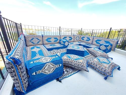 arabicsofa U Shaped Arabic Sofa Set – Royal Blue Modular Floor Seating for Guest Room