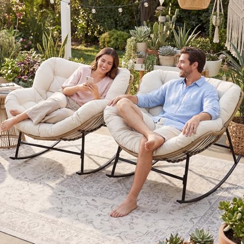 FINCATI 2 PCS Outdoor Rocking Chair, Oversized Papasan Rocking Chair | 450 Lbs Capacity, Large Size, PE Wicker Egg Rocker with Beige Thick Cushion, Cozy Padded Lounge Chair for Porch Garden