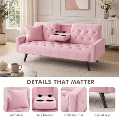 Anwick Modern Velvet 2 in 1 Futon Sofa Bed,Convertible Folding Sleeper Bed Couches with 2 Pillows,73" Tufted Recliner Love Seat with Golden Chrome Legs for Living Room Apartment Office (Pink)