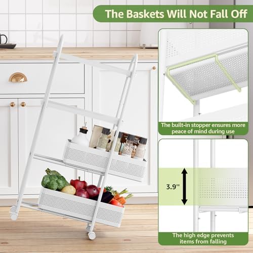 KINGRACK 4 Tier Slim Rolling Cart with Drawer, Metal Utility Storage Cart | 2 Pull-out Baskets, Lockable Wheels, Narrow Space Trolley Organizer for Bathroom, Kitchen, Office, Dorm, Laundry Room, White