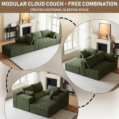 ONEMMLION 96" L-Shaped Cloud Couch Sofa with Chaise, Green | Corduroy Comfy Fluffy Modular Deep Seat Memory Foam Compressed Sectional Sofa for Living Room Oversized Left Facing Chaise