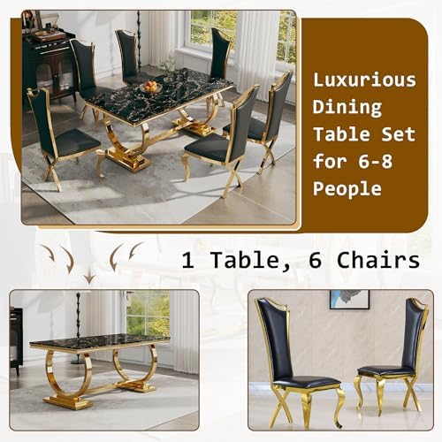 Luxury 7 Piece Marble Dining Table Set with 6 High Backrest Chairs, 70" Faux Marble Kitchen Table with Double O-Shaped Stainless Steel Base, Dining Room Set for Kitchen, Living Room