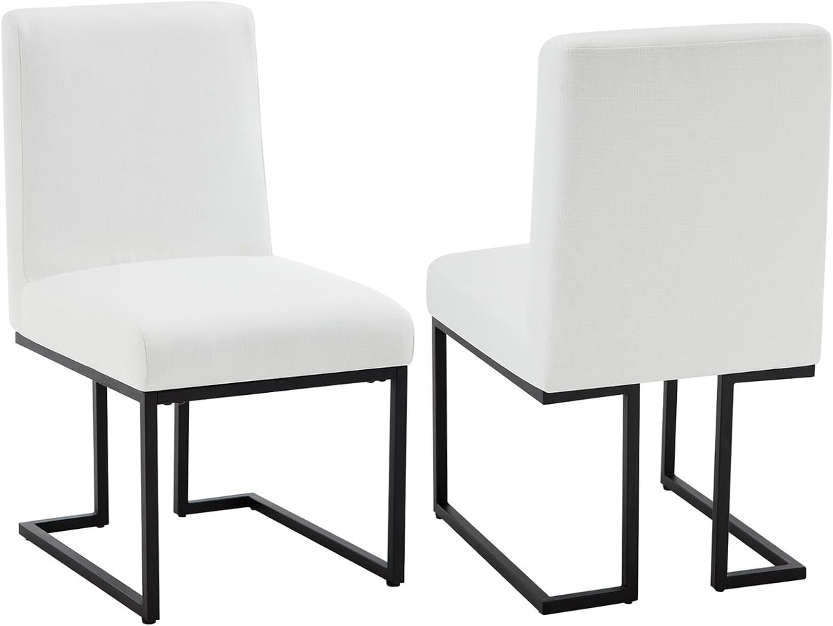 Upholstered Dining Chairs Set of 2, Modern Linen Fabric Kitchen & Dining Room Chairs with Metal Legs, Cuverd Back Comfy Side Chair for Dinner, Living Room, Reception, White