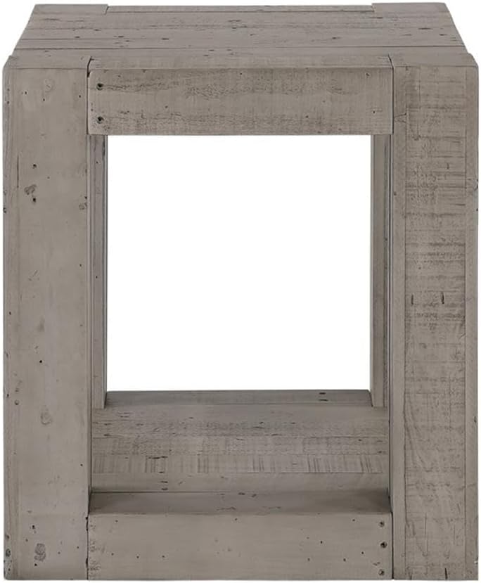 BOWERY HILL Contemporary Rectangular End Table, 22" Width x 24" Height, Reclaimed Solid Pine, Distressed Gray Finish, Bottom Shelf, Rustic Design for Living Room or Bedroom