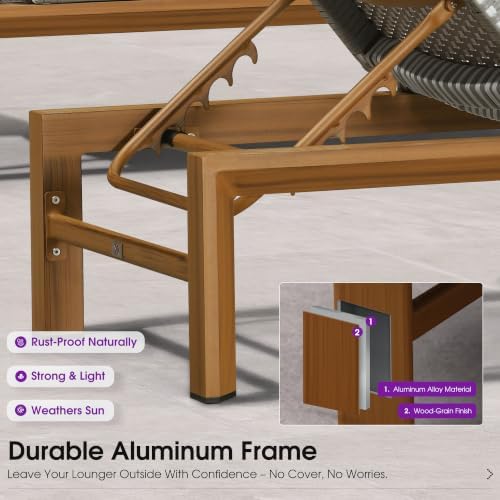 PURPLE LEAF Extra Wide French PE Rattan Patio Chaise Lounge Set of 2, Grey | Extra Wide Fits Heavier Users, Fade-proof Wicker, Matte Teak Wood-Grain Rustproof Aluminum, 5 Recline, Non-Slip Pads, 440 lbs