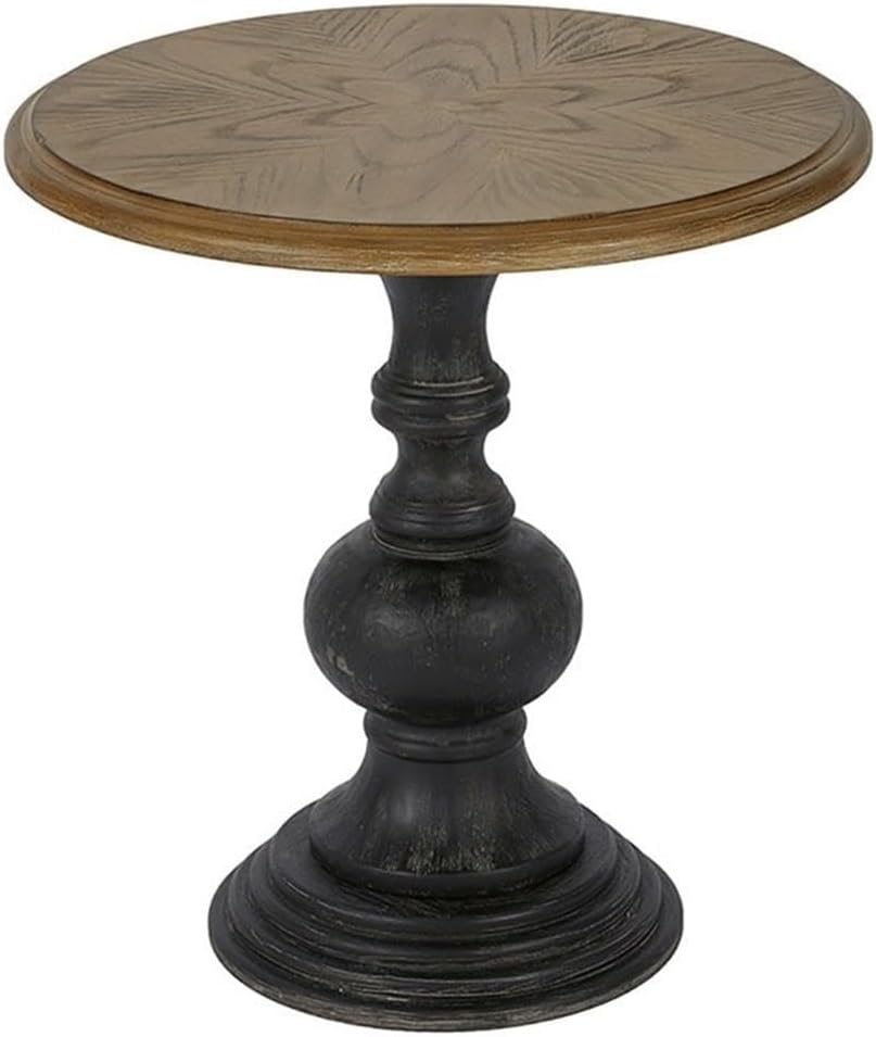 Pemberly Row 23" Round Wood Accent Table, Reclaimed Walnut Top with Ash Veneer and Black Hand-Carved Base, Natural/Black Finish, Transitional Style for Home Décor
