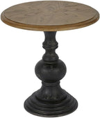 Pemberly Row 23" Round Wood Accent Table, Reclaimed Walnut Top with Ash Veneer and Black Hand-Carved Base, Natural/Black Finish, Transitional Style for Home Décor
