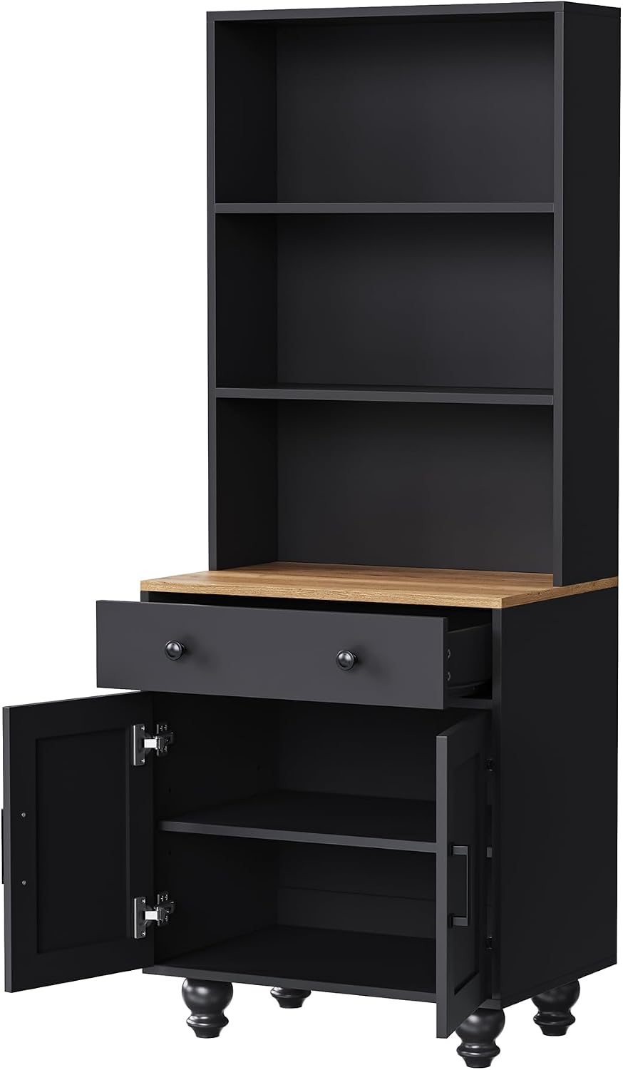 Farmhouse Storage Cabinet with Solid Wood Gourd Legs, 5-Tier Kitchen Pantry Cabinet with Adjustable Shelves & Drawer, Freestanding Bookshelf Display Cabinet for Living Room, Black