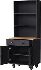 Farmhouse Storage Cabinet with Solid Wood Gourd Legs, 5-Tier Kitchen Pantry Cabinet with Adjustable Shelves & Drawer, Freestanding Bookshelf Display Cabinet for Living Room, Black