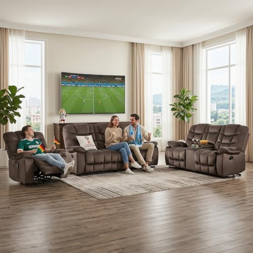 HAOMARKETS 3 Pieces Recliner Sofa Furniture Set, Include 2 Power Recliner Chairs with Message&Heat and a Manual Loveseat with Hidden Storage and Cup Holders for Living Room, Brown