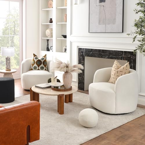 KINWELL 34" W Sherpa Swivel Barrel Chairs with Pillow Set of 2, Cream