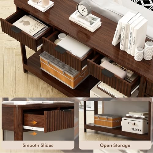 HOKYHOKY Fluted Console Table with Drawers, 47.1" Entryway Table, Walnut | with Storage Shelf, Modern, Narrow Skinny, Behind Couch Wood Sofa Table, for Living Room Hallway Entrance Foyer