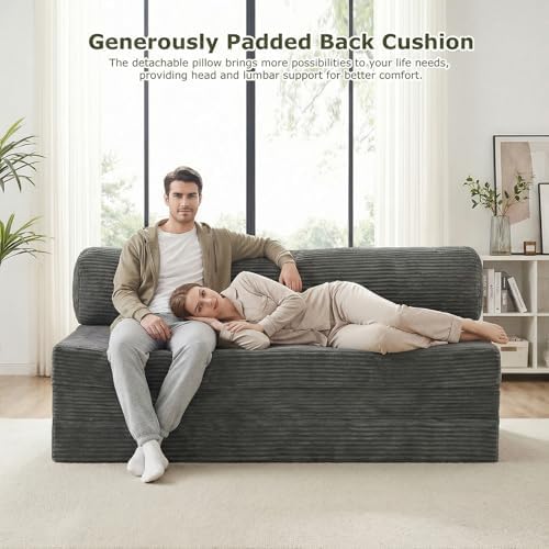 5-in-1 Convertible Sofa Bed, Loveseat, Tri-fold Futon Sofa Bed with Removable Cushions & Washable Cover, Pull Out Couch with Handle, for Small Spaces, Queen Size, Grey