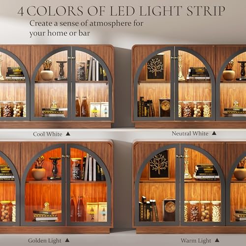 Sideboard Buffet Cabinet with Storage, 68" Walnut Credenza Accent Cabinet Buffet Table w/4 Arched Glass Doors & LED Light, Modern Coffee Bar Liquor Cabinet w/2 Shelves for Kitchen Entryway