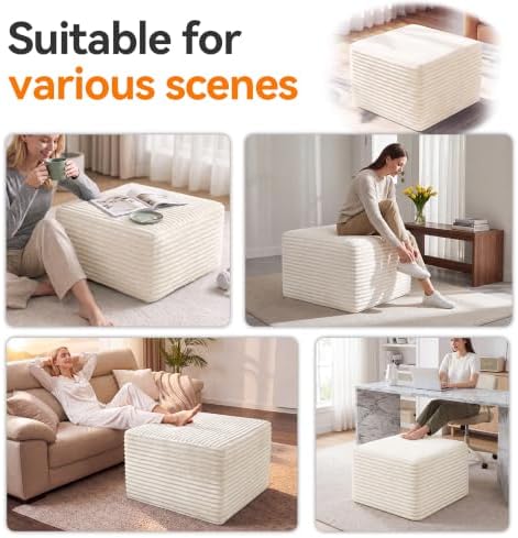 23in Square Pouf Ottoman, Large Corduroy Ottoman Foot Rest with Solid High-Density Foam, Removable Washable Cover, Soft Floor Foot Stool for Living Room, Bedroom, Beige